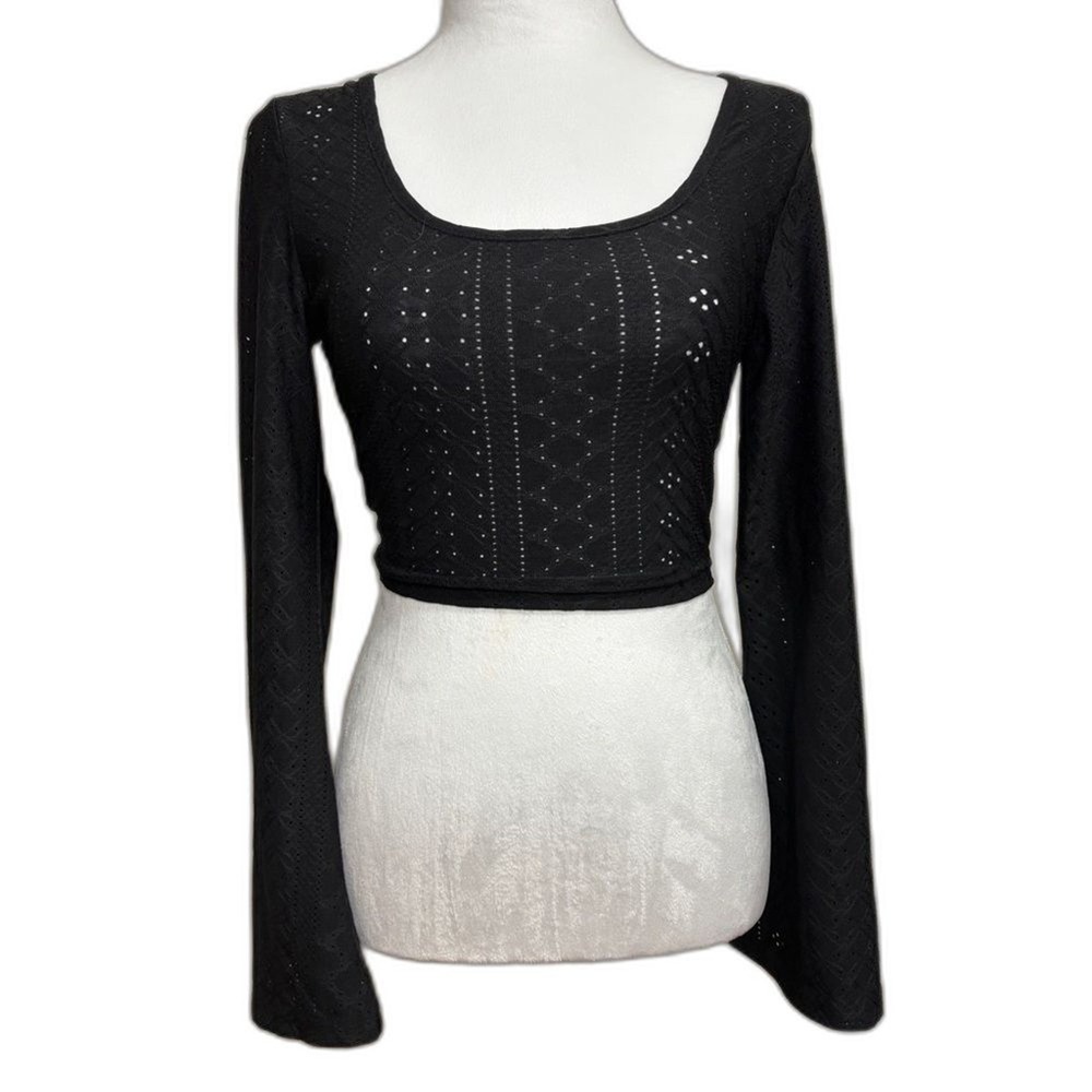 Flare Sleeve Crop Top Women XS 2 Black Pointelle Knit Y2K‎ Festival Dark Fairy